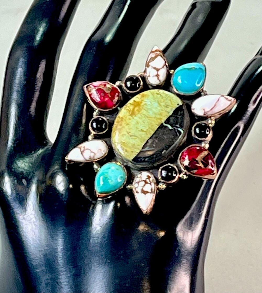 Blackjack & Dahlia Multi-Stone Turquoise Floral Cluster Copper Statement Ring